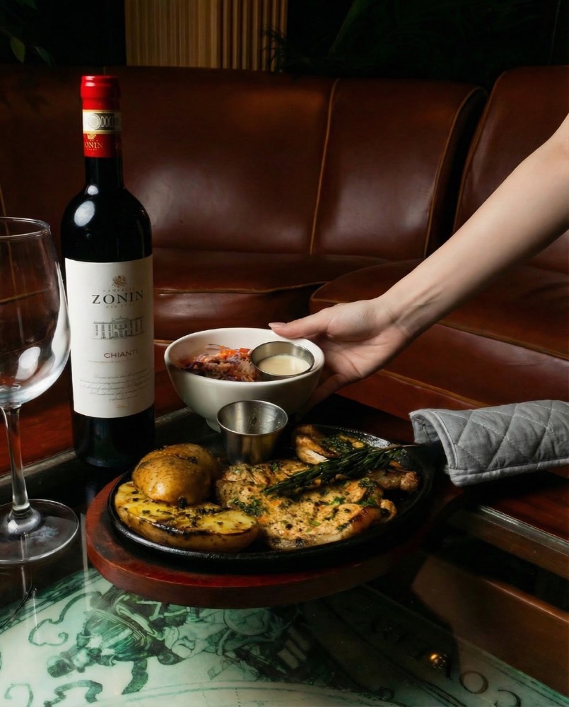 Vino tinto servido junto a una plancha de parrilla